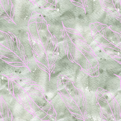 Fototapeta premium Seamless pattern with hand drawn feathers with watercolor splatters.