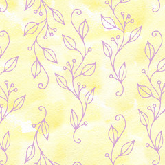 Fototapeta na wymiar Floral seamless pattern with pink twig and leaves.