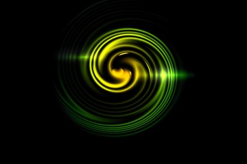 Green fire with luminous swirling on black backdrop. Glowing spiral with light circles light effect, abstract background