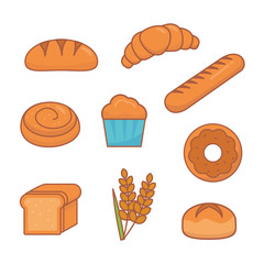Set of vector illustrations related to bread isolated on a white background such as cupcake, donut, bread, and more