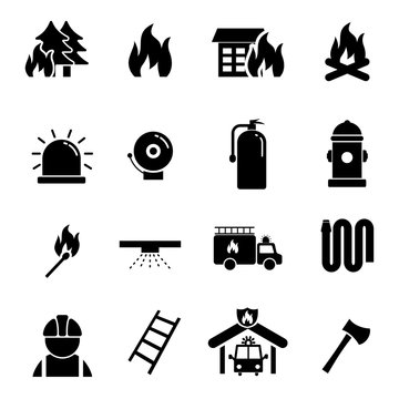 Set of firefighter related icon with simple black design isolated on white background