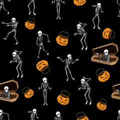 Halloween Seamless pattern background with costume skeletons