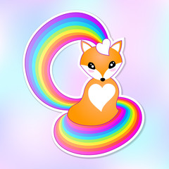 Cute rainbow fox in kawaii style vector sticker illustration. 