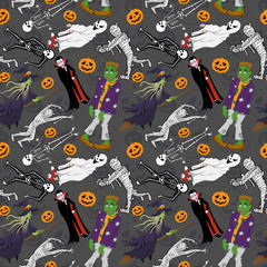 Seamless Pattern with Halloween Characters Costume