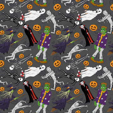 Seamless Pattern with Halloween Characters Costume