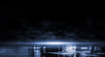 3D rendering abstract dark empty scene blue neon searchlight on black background