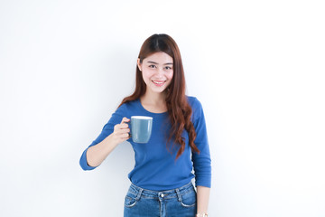 Asian woman on white background with coffee cup smile and happy face