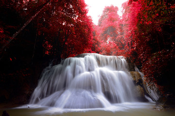 Autumn season of Waterfall in deep forest  Huai  Mae Khamin Waterfall  , Kanchanaburi  Thailand is popular with waterfall tourists . 