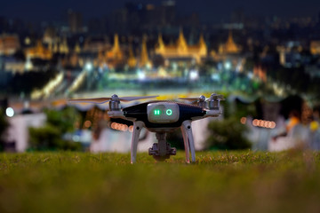 Close-up drone on the ready-to-fly lawn.             