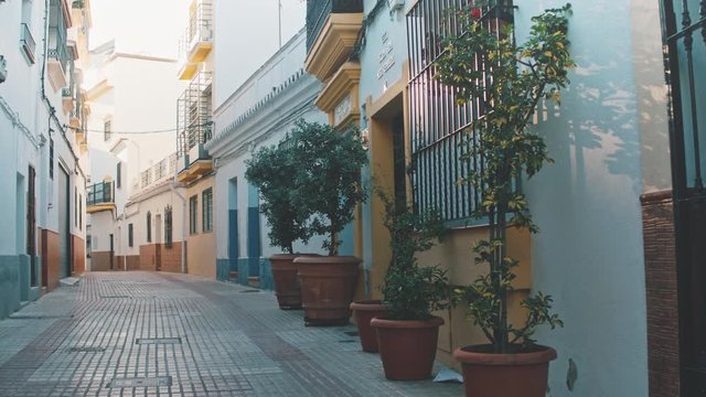 4K Marbella old town street with plants decoration, Andalusia - Slow Motion