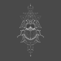 Vector illustration with hand drawn scarab and Sacred geometric symbol on black vintage background. Abstract mystic sign. - obrazy, fototapety, plakaty