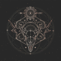 Vector illustration with hand drawn Moose skull and Sacred geometric symbol on black vintage background. Abstract mystic sign.