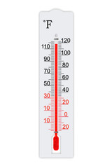 Fahrenheit scale measurement system. Thermometer for measuring air temperature isolated on white background. Air temperature plus 118 degrees fahrenheit