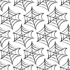 Spider web seamless hand drawn pattern. White black background. Halloween texture.