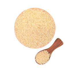 white sesame in wooden bowl on white background