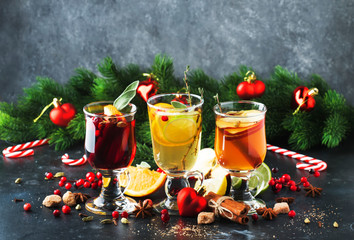 Mulled wine and mulled cider. Hot winter drinks and cocktails for christmas or new year's eve in...