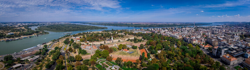 Fototapeta na wymiar Aerial view of the Belgrad Kalesi, Damad Turbe, Sahat Kula clock tower, bastions and fortifications in Belgrade Castle in Serbia former Yugoslavia