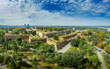 Aerial view of the castle of Beograd (Belgrade) the Kalemegdan at the meeting point of the Danube and Sava rivers in Serbia with rings of fortifications