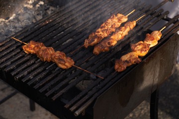 Shish kebab. Pork or lamb meat pieces being fried on a charcoal grill.