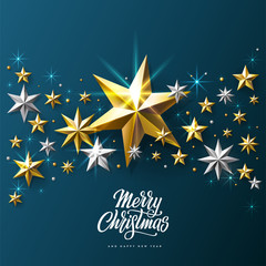 Merry Christmas Silver Golden Star on Blue Vector Illustration.