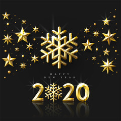 Fototapeta na wymiar Golden 2020 New Year Snowflake on Black Vector Illustration.