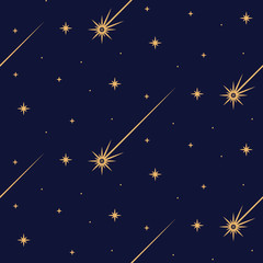 Cute festive background with gold stars and comets. Holiday seamless pattern. Christmas star. Ornament for gift wrapping paper, fabric, clothes, textile, surface textures, scrapbook. Vector illustrati
