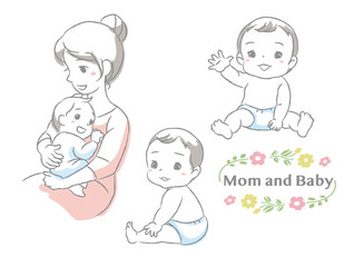 Mother and her cute baby, under the age of one. Vector illustration.
