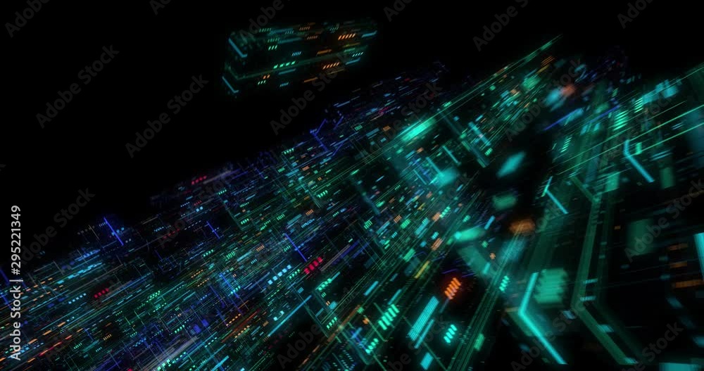 Poster seamless fly through of abstract circuitry with digital grid background, data deep learning computer