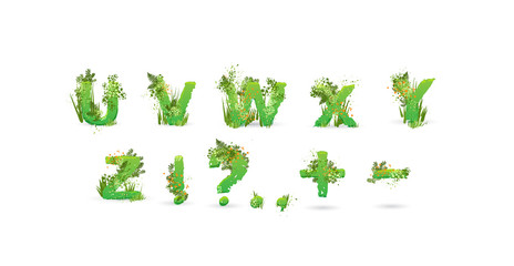 Green Leaves font. Vector illustration. Stylish eco alphabet from colorful tropical leaves, bushes, flowers and nature elements. Egology and natural font, summer and tropical letters isolated on white