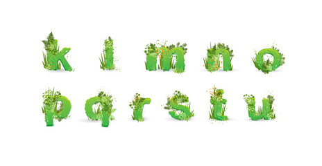 Green Leaves font. Vector illustration. Stylish eco alphabet from colorful tropical leaves, bushes, flowers and nature elements. Egology and natural font, summer and tropical letters isolated on white