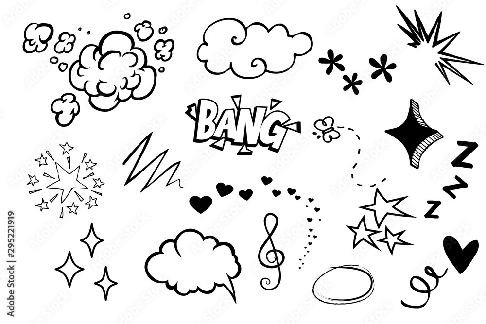 Wall mural hand drawn elements on isolated white background. simple sketched signs. line art. set of different 