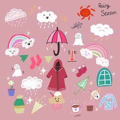 Hand drawn set rainy season , doodles elements cute colorful  