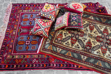 Street bazaar of ancient oriental handmade Garabagh, Tabriz, Shirvan style carpets, rugs at Old...