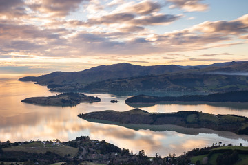 Christchurch New Zealand Landscape, Sunrise Scenic View From Port Hills Overlooking Lyttelton Harbour In Canterbury, South Island NZ, Popular Travel Destination