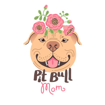 Pit Bull Mom. Image of happy mother dog. American Staffordshire Pitbull Terrier face. Vector illustration
