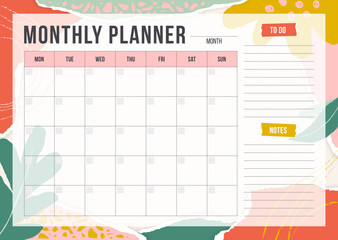Floral monthly planning template with pieces of torn paper, flower and chalk line. Blank monthly planner with notes in pastel colors. Simple stylish organizer design. Vector illustration - obrazy, fototapety, plakaty