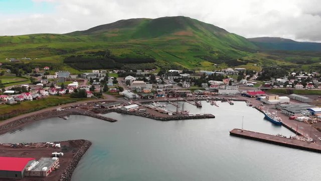 Aerial view of Húsavík in Iceland. Icelandic port city landscape top drone shot footage 4K (UHD)