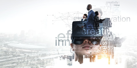 Abstract image of virtual reality experience, a man in VR glasses