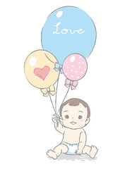 Cute baby and balloons .  Vector illustration for Baby shower card or blog or other use.