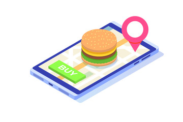 Obraz na płótnie Canvas Order food online services, fastfood delivery isometric concept. Vector illustration