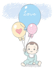 Cute baby and balloons .  Vector illustration for Baby shower card or blog or other use.