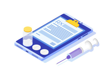  RX prescription form on Clipboard pad on smartphone. Online clinic concept.  Vector isometric illustration in flat style.