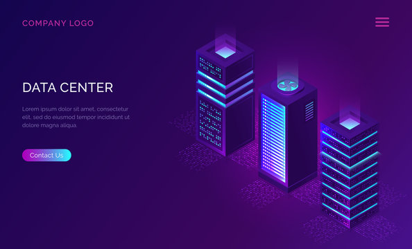 Date center isometric concept vector illustration. Server room with hardware racks or web hosting infrastructure icons on ultraviolet web banner, database storage technology, cloud computing services