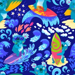 Behang Donkerblauw Schattige cartoon Koala surfers naadloze patroon. Handgetekende illustratie