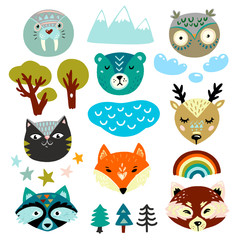 Kids elements set. Wild animal hand drawn faces and nature elements
