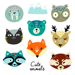 Cute animals faces. Hand drawn baby design