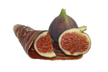 Dry cured ham and figs isolated on white