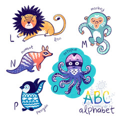 Cute zoo alphabet drawing in a chalk style. Set of animals for learning the english alphabet L - P. Hand drawn illustration