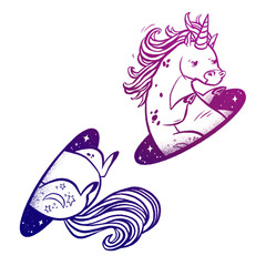 Unicorn in magic teleport. Linear drawing in bright vibrant gradient color.