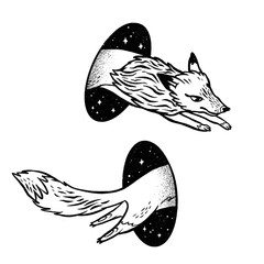 Fox in magic teleport. Linear black and white drawing. Ideal for coloring print